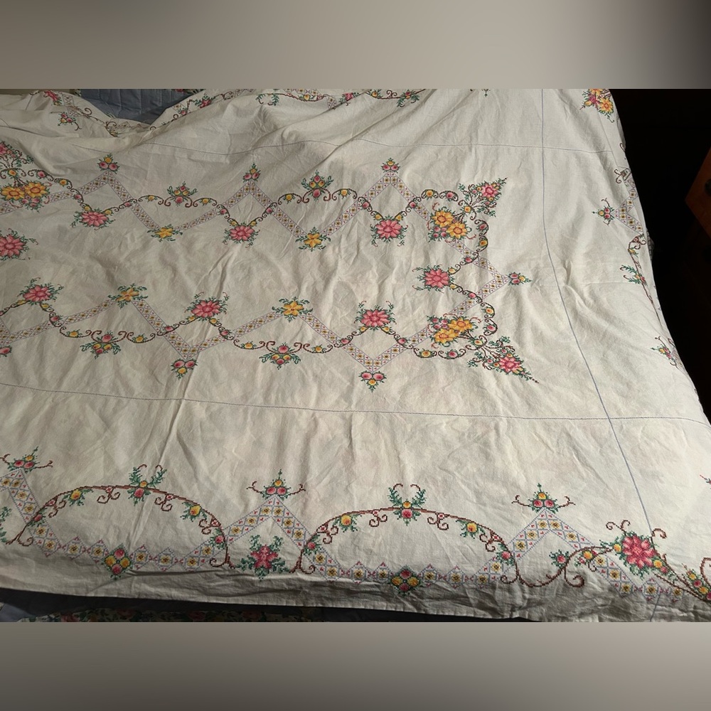 Vintage Stunning Handmade Embroidered Cross Stitch Tablecloth Flower, 96”x64”